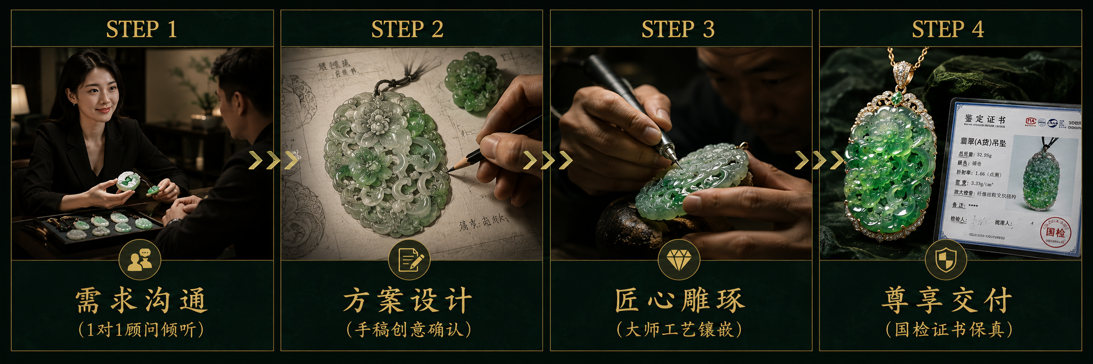 梧越私人定制四步流程：沟通、设计、雕刻、交付